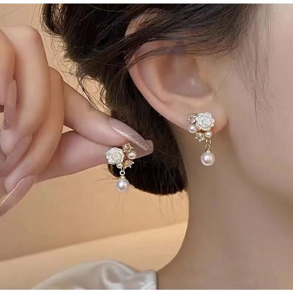 Elegant Floral Pearl Zirconia Stud Earrings, Bouquet Crystal Accent Earrings - Picture 8 of 9